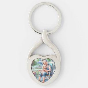Mormor och barnbarn omfamnar varandra på verandan twisted heart silverfärgad nyckelring