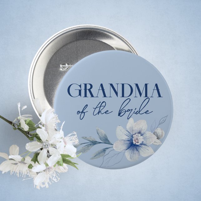 Mormor på Bride Blue Möhippa Button Knapp (Grandma of the Bride Watercolor Blue Floral Guest of Honor Buttons. 5 Sizes Available)