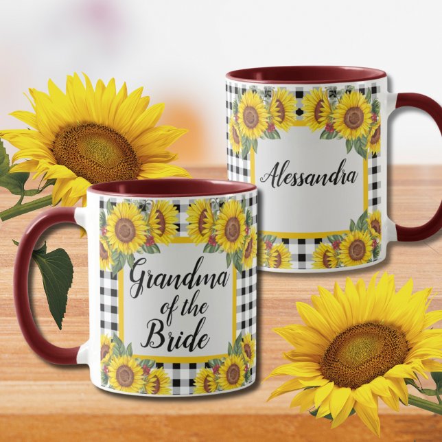 Mormor på Bride Customized Gingham Sunblommor Kaffemugg (Skapare uppladdad)