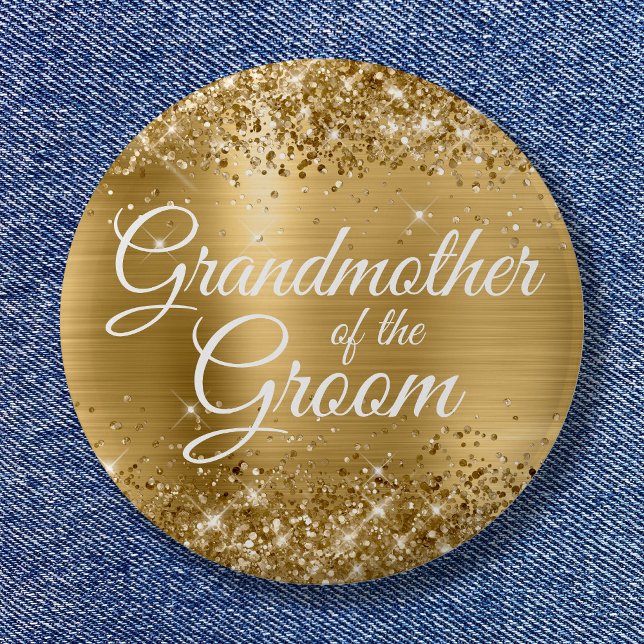 Mormor på Groom Glittery Gold Foil Knapp (Grandmother of the Groom Glittery Gold Foil Button)