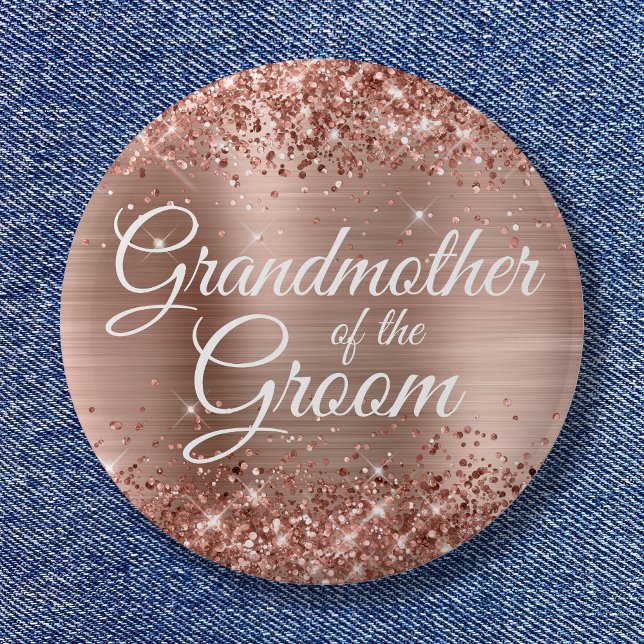 Mormor på Groom Glittery Ro Gold Foil Knapp (Grandmother of the Groom Glittery Rose Gold Foil Button)