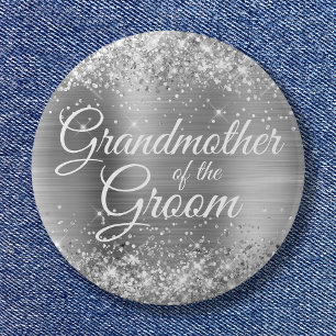 Mormor på Groom Glittery Silver Foil Knapp