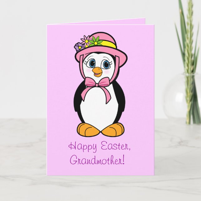 Mormor Påsk Card: Penguin i Bonnet Helgkort (Framsida)