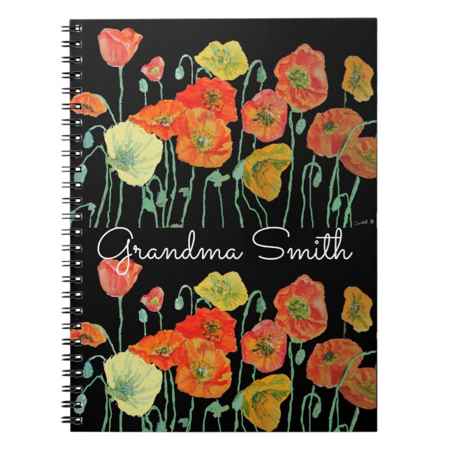 Mormor Röd Orange Vallmo blommor akvarell Anteckningsbok (Framsidan)