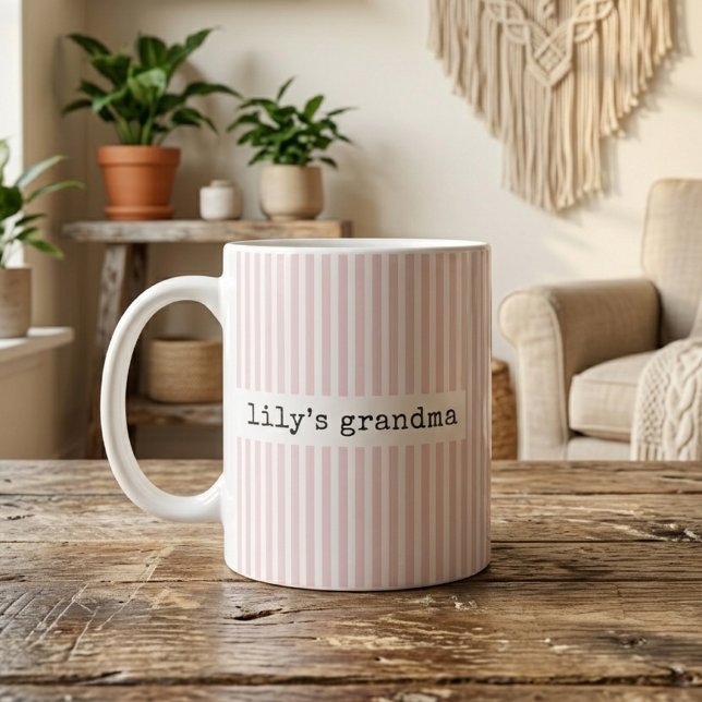 Mormor | Rosa Ränder Mormor Personlig Kaffemugg (motherhood milestone mug gift, personalized mom to be mug gift, custom grandma announcement mug gift)
