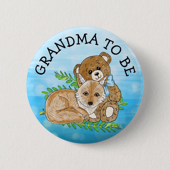 Mormor som ska vara Fox och Nalle Baby Shower Knapp (Framsida)