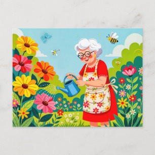 Mormor som vattnar trädgårdsillustration helg vykort