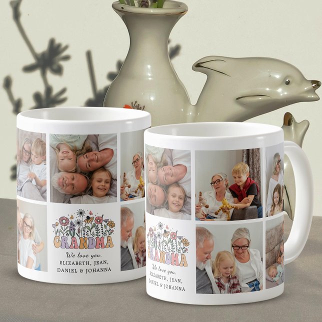 Mormor Söt Retro Nyckfulla Blommor Fotokollage Kaffemugg (Skapare uppladdad)
