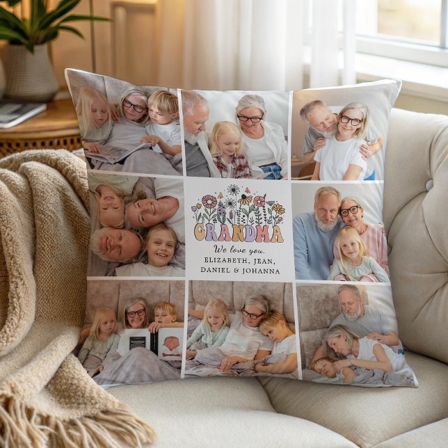 Mormor Söt Retro Whimsical Blommor Fotokollage Kudde (Skapare uppladdad)