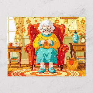 Mormor stickar i fåtölj – Illustration Helg Vykort