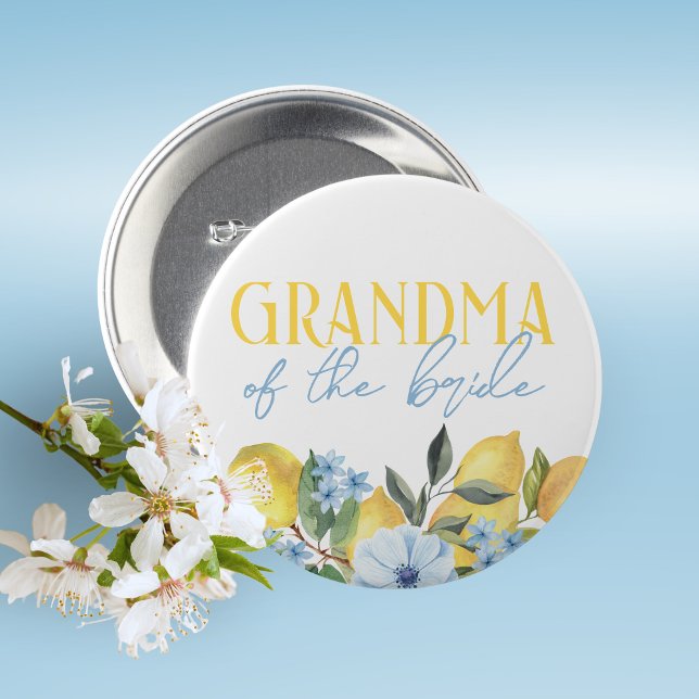Mormor till bruden citron bröllopsdusch knapp (Lemon Bridal Shower Pin on Buttons for Your Special Guests of Honor Such as Grandma's, Mom's & More)