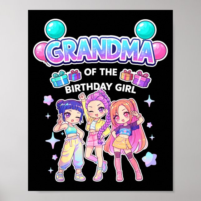 Mormor till födelsedagsflickan söt chibi rolig poster (Framsidan)