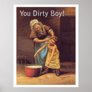 Mormor tvättar sin smutsiga pojke, rolig vintage poster