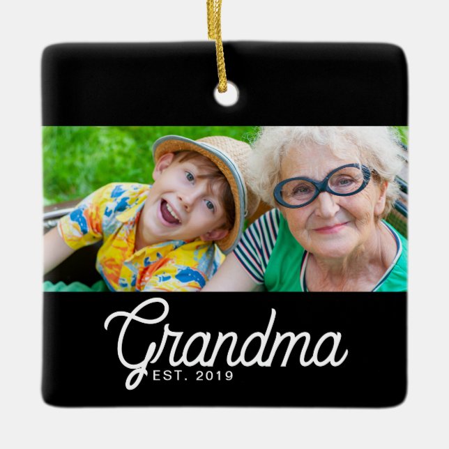 Mormor Upprättade Svart Vitt Skript Foto Julgransprydnad Keramik (Framsida)