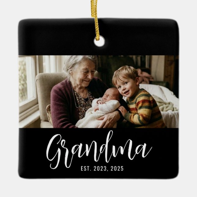 Mormor Upprättade Svart Vitt Skript Foto Julgransprydnad Keramik (Framsida)
