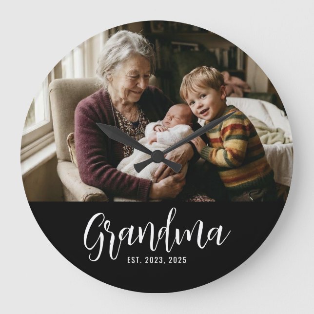Mormor Upprättade Svart Vitt Skript Foto Stor Klocka (Framsida)