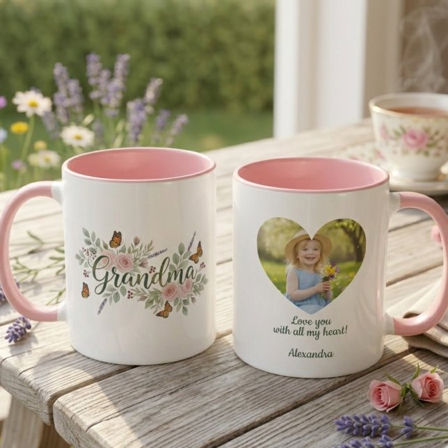 Mormor Vattenfärg Blommig Botanisk Present Mugg (Personalized photo heart grandma coffee mug)