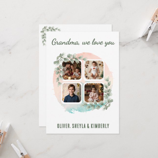 Mormor vi älskar dig 6 Bildcollage Eukalyptus Kort (Fram/Back In Situ)