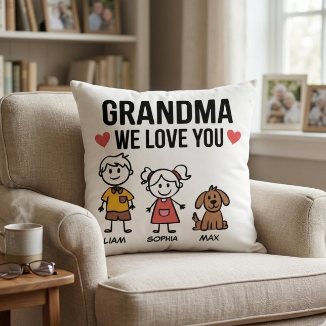 Mormor Vi älskar dig barn Illustration Familjekärl Kudde (Skapare uppladdad)
