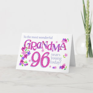 Mormors 96:e födelsedag i Ord med blomsterkort Helgkort