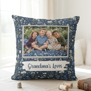 Mormors älskade Navy Floral Foto Kudde