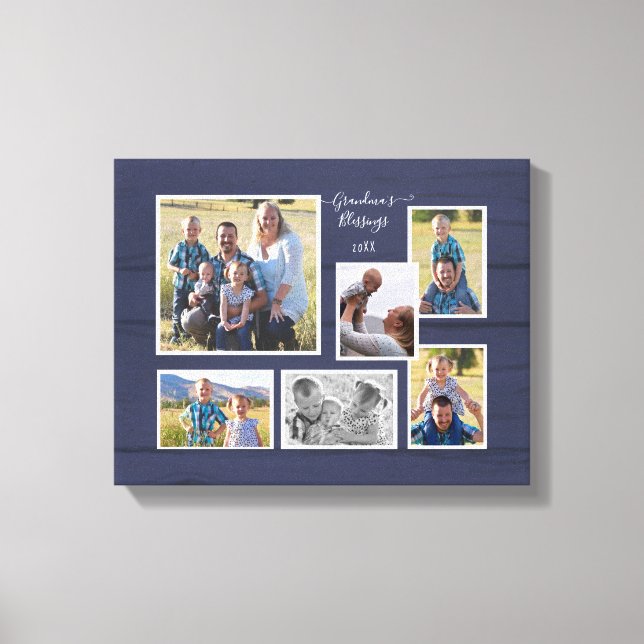 Mormor's Blessings Navy Wood 6 Photo Collage Canvastryck (Framsida)