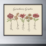 Mormors Blomsterträdgård 5 Barnbarn Namn Blommigt Poster<br><div class="desc">Mormans Garden Flower och Barnbarn Namn anpassad design är en härlig blandning av vintagens charm och personligens värme. Det är perfekten som ett tillägg till en mormors tillflyktsort, som för in skönheten hos en botanisk trädgårdshöger i hennes hem. Den här produkten är en unik födelsedagspresent och ett idealiskt val för...</div>