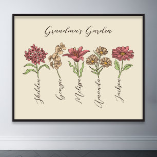 Mormors Blomsterträdgård 5 Barnbarn Namn Blommigt Poster