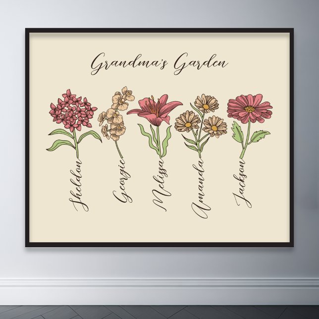 Mormors Blomsterträdgård 5 Barnbarn Namn Blommigt Poster (grandma flower garden grandkids name floral poster)