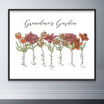 Mormors Blomsterträdgård 7 Barnbarn Namn Blommigt Poster<br><div class="desc">Mormans Garden Flower och Barnbarn Namn anpassad design är en härlig blandning av vintagens charm och personligens värme. Det är perfekten som ett tillägg till en mormors tillflyktsort, som för in skönheten hos en botanisk trädgårdshöger i hennes hem. Den här produkten är en unik födelsedagspresent och ett idealiskt val för...</div>