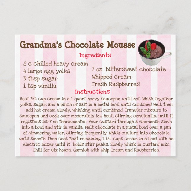 Mormors chokladkort för Mousse Recept Card Vykort (Framsida)