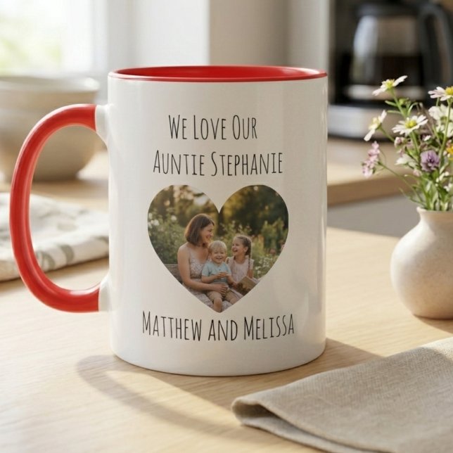 Mormors dag Vildblomma Foto Hjärta Mugg (Auntie photo heart design with a wildflower meadow vibe—perfect birthday gift idea for her.)