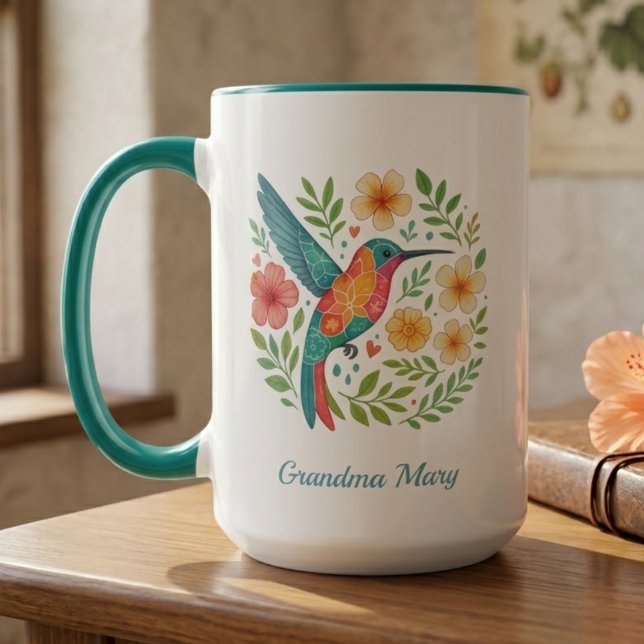 Mormors Födelsedag Kolibri Botanisk Blomma Mugg (Colorful hummingbird and floral mug for grandma — perfect birthday gift idea for her)