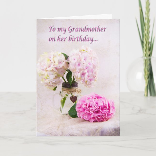 Mormors födelsedagskort med rosa hydrangeor kort (Framsida)