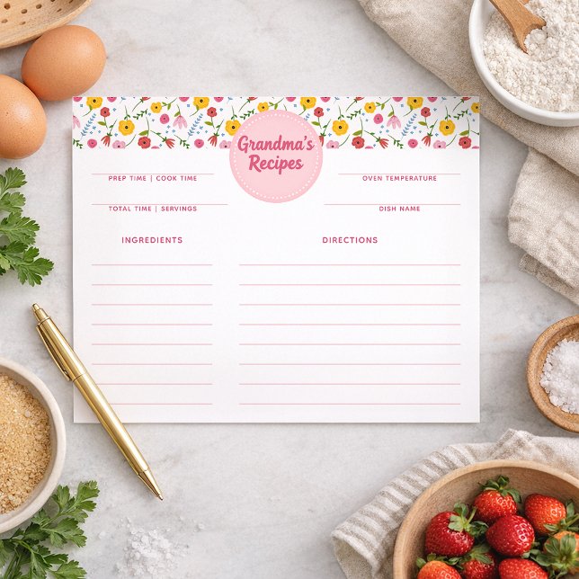Mormors Recept Blommiga Receptkort (Grandma's Recipe Card)