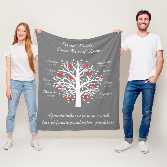 Mormorträd (hjärtor), vit/grått 8 namnger & fleecefilt (På plats)