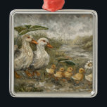 Morning Commute Whimsical Farmhouse Duck Rainy Day Julgransprydnad Metall<br><div class="desc">🐾Morning Commute - Ducks Walking by a Stream Start your day with a smile with the Morning Commute ornament. This whimsical piece features my original oil painting of a mama duck leading her ducklings along a peaceful stream, using large green leaves as tiny umbrellas. It captures that quiet, busy energy...</div>