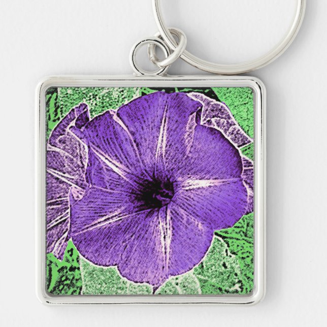 Morning Glory Blocktryck - mjuk violett Fyrkantig Silverfärgad Nyckelring (Framsidan)