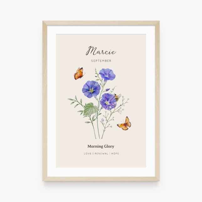 Morning Glory Födelsemånad Blomma Affisch (Example of morning glory birth flower poster once framed. )