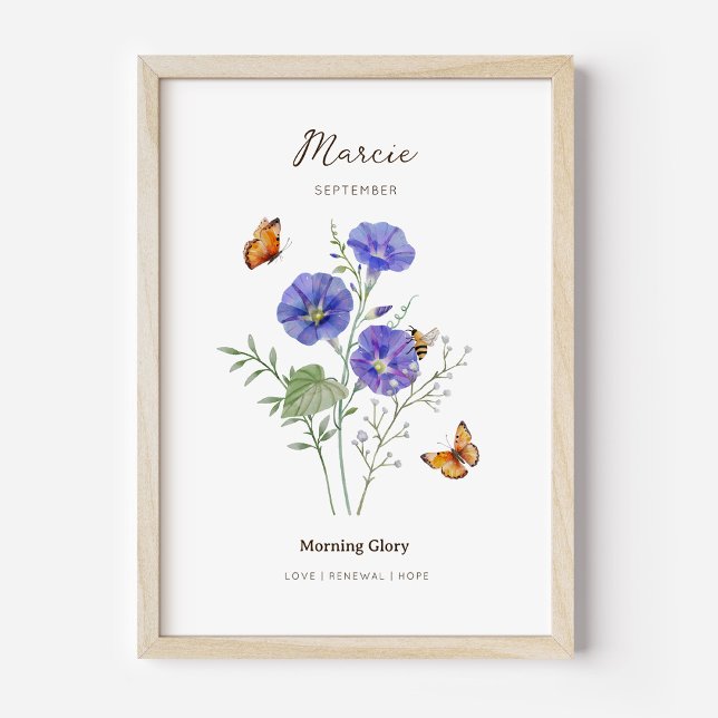 Morning Glory Födelsemånad Blomma Affisch (Example of morning glory birth flower poster once framed. )