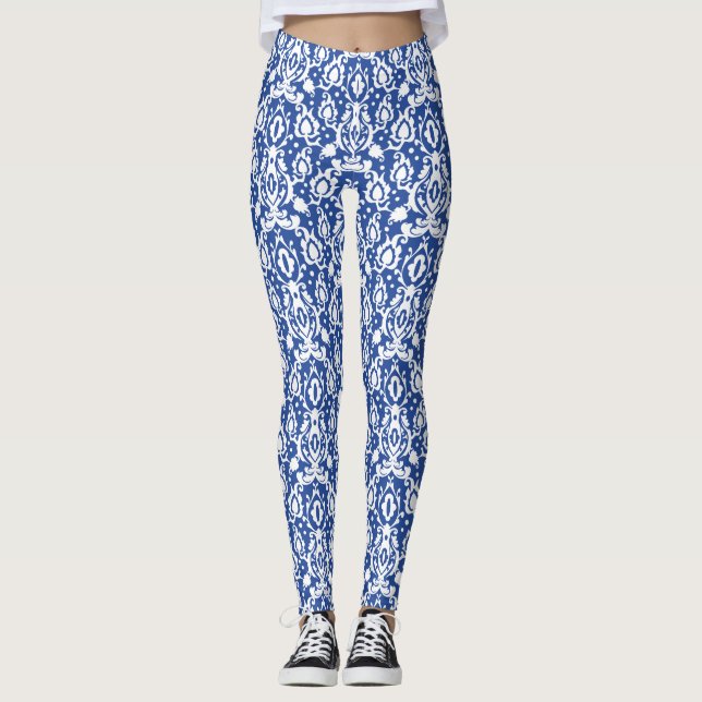 Moroccan Blue and White Modern Casbah Damask Leggings (Framsida)