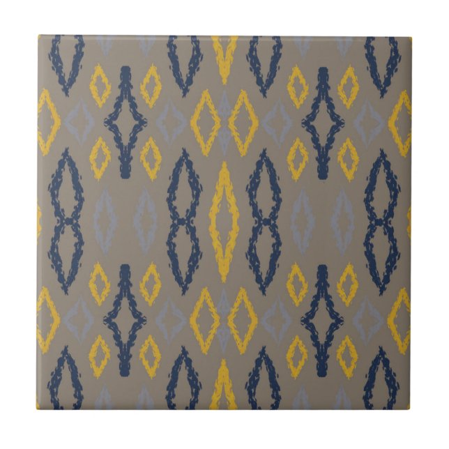 Moroccan Ikat Blue Gult Grått Mönster Kakelplatta (Framsidan)