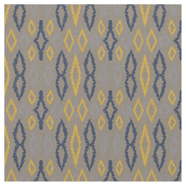 Moroccan Ikat Blue Gult Grått Mönster Tyg (Närbild)