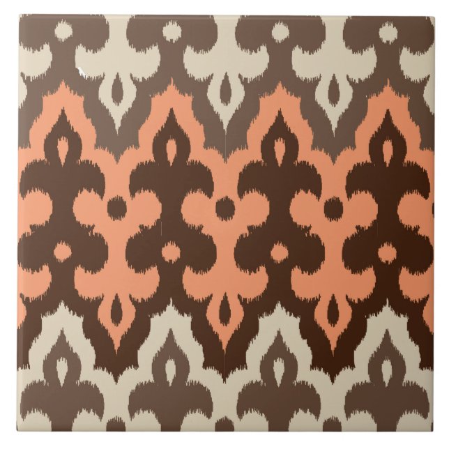 Moroccan Ikat Damask, Brown, Taupe och Coral Kakelplatta (Framsidan)
