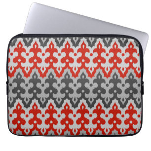 Moroccan Ikat Damask, Graphite Grått och Red Laptop Sleeve