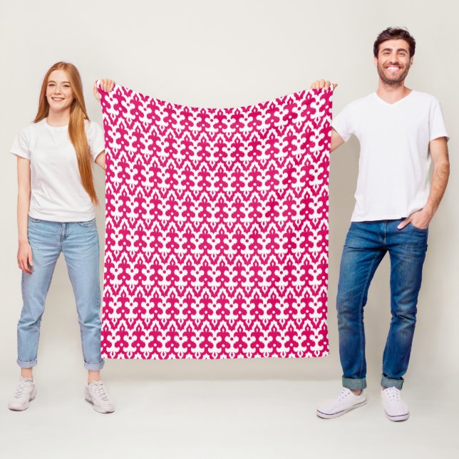 Moroccan Ikat Damask Pattern, Fuchsia Rosa & White Fleecefilt (På plats)