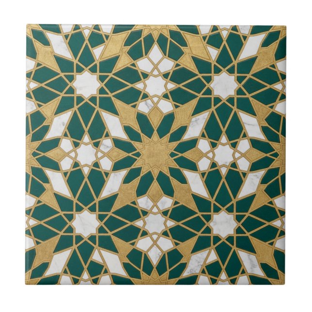 Moroccan Islamic Teal Gold Geometric Seamless Patt Kakelplatta (Framsidan)