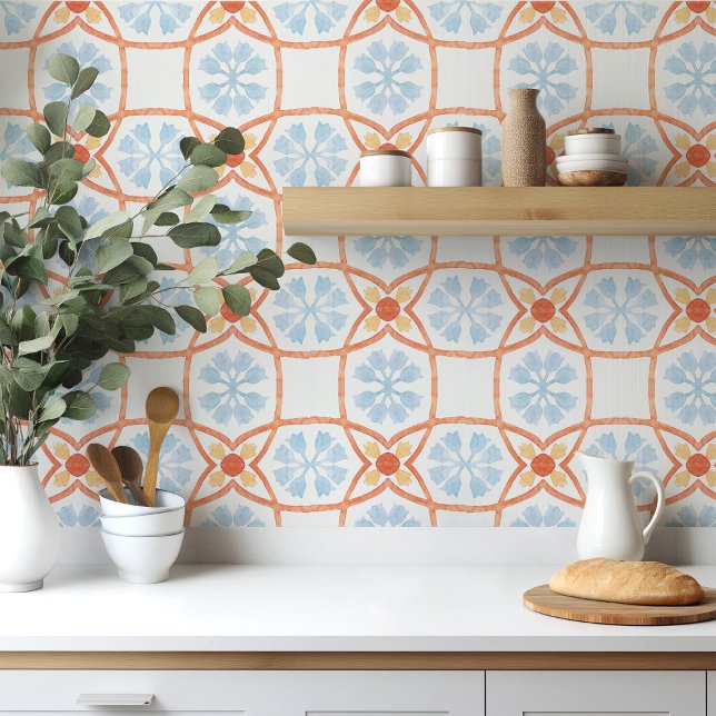 Moroccan style tile flowers orange and blue kakelplatta (Skapare uppladdad)