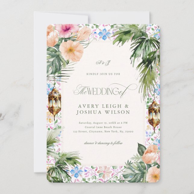 Moroccan Tile Tropical Hibiscus Wedding Inbjudningar (Framsida)