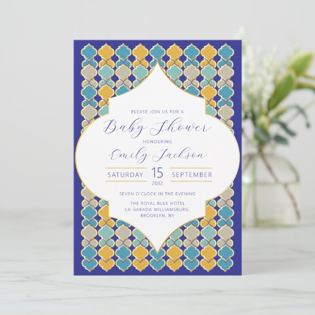 Moroccan Tiles Royal Blue Golden Inbjudningar (Stående Fram)